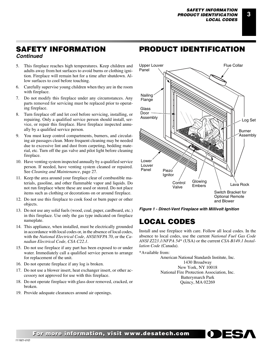 Product identification, Local codes, Safety information | Continued | Desa (V)K42P SERIES User Manual | Page 3 / 40