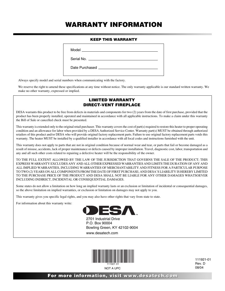 Warranty information | Desa (V)K42P SERIES User Manual | Page 40 / 40