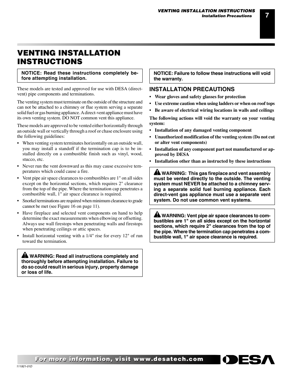 Venting installation instructions | Desa (V)K42P SERIES User Manual | Page 7 / 40