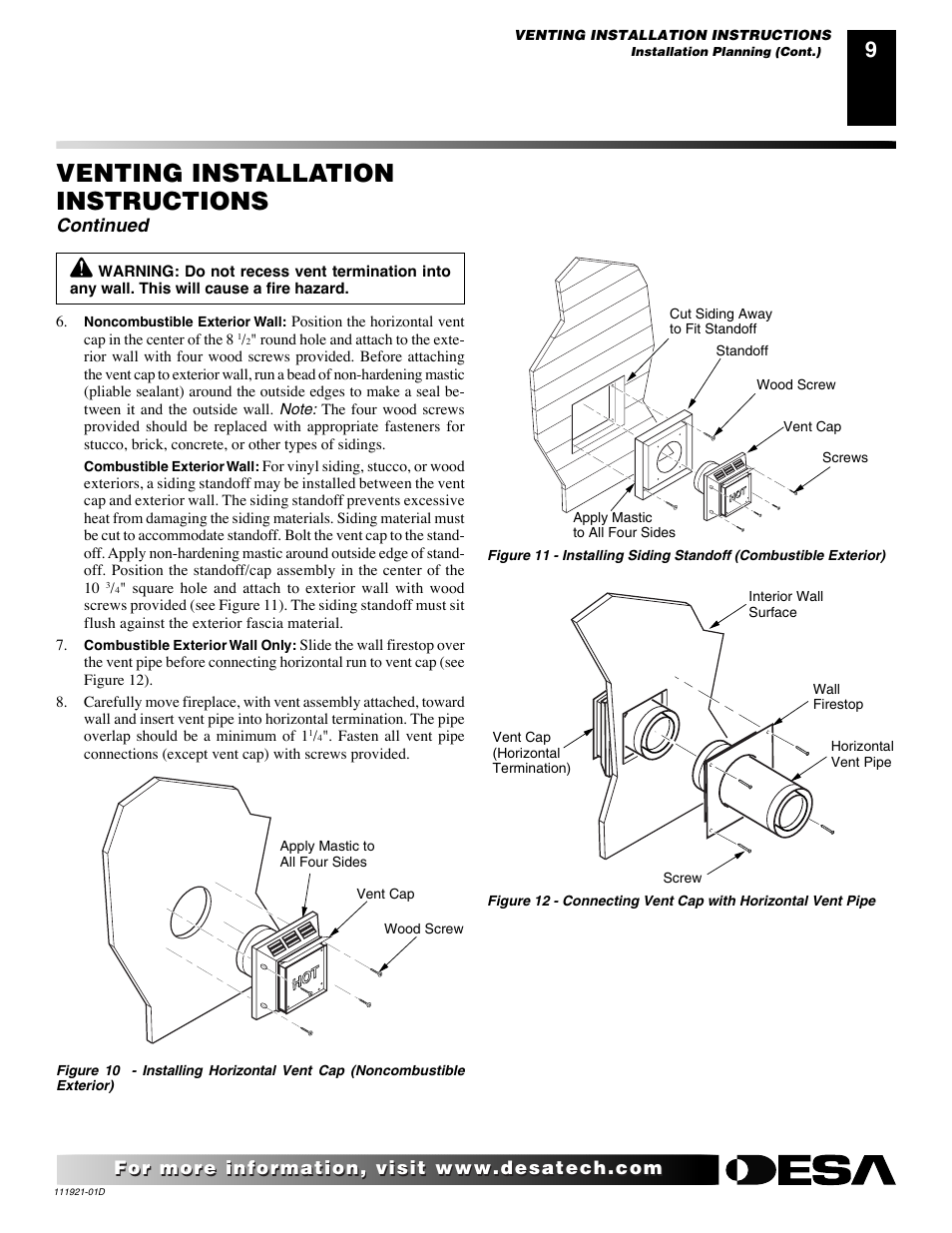 Venting installation instructions, Continued | Desa (V)K42P SERIES User Manual | Page 9 / 40