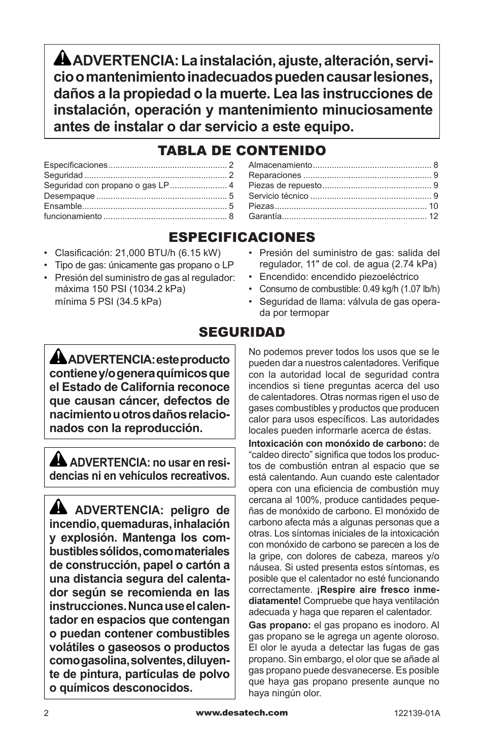 Especificaciones, Seguridad | Desa TD120A User Manual | Page 14 / 24
