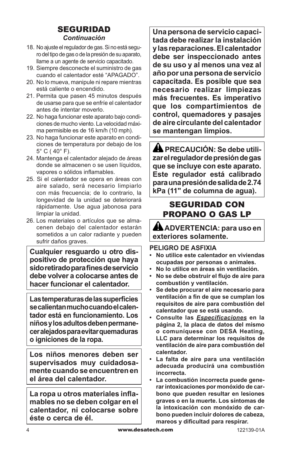 Seguridad con propano o gas lp, Seguridad | Desa TD120A User Manual | Page 16 / 24