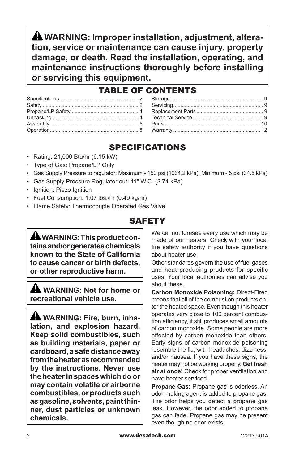 Specifications, Safety | Desa TD120A User Manual | Page 2 / 24