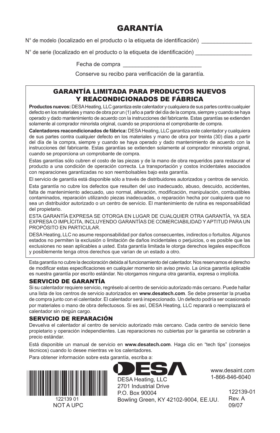 Garantía | Desa TD120A User Manual | Page 24 / 24