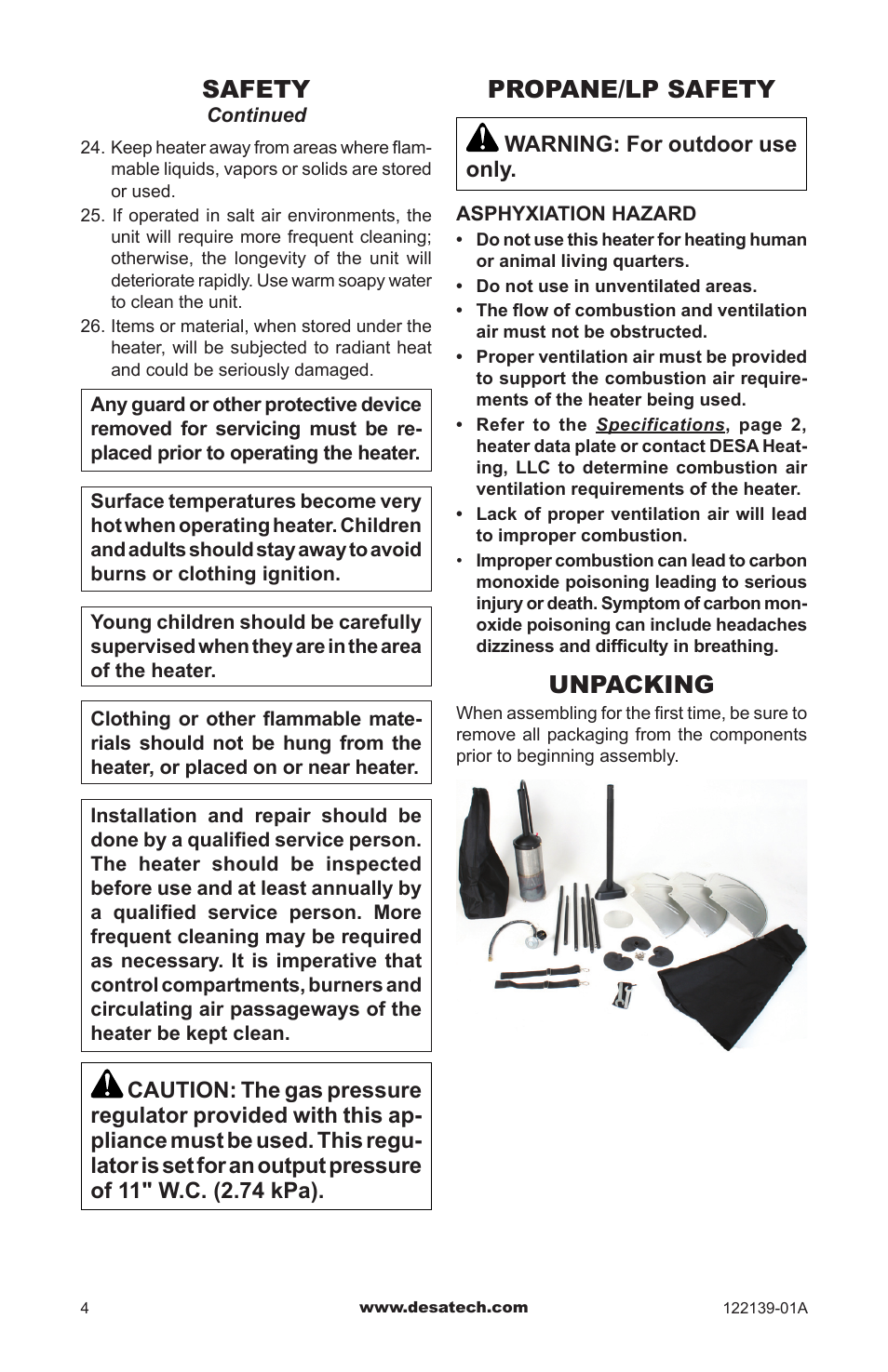 Propane/lp safety, Unpacking, Safety | Desa TD120A User Manual | Page 4 / 24