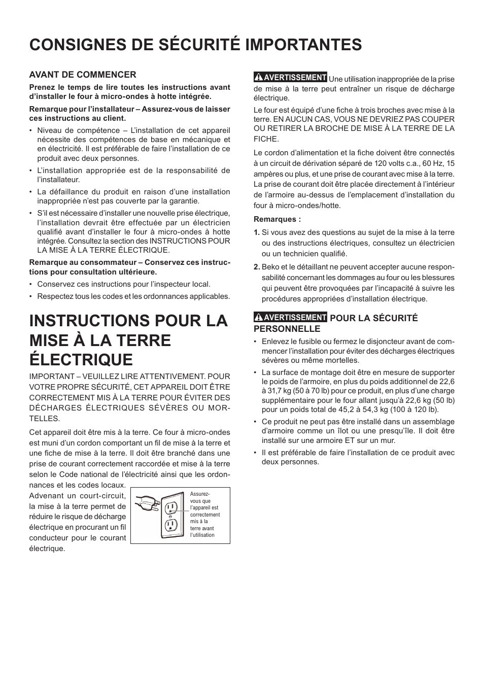 Consignes de sécurité importantes, Instructions pour la mise à la terre électrique | Beko 24 Inch Built-In Microwave Installation Instructions User Manual | Page 24 / 44