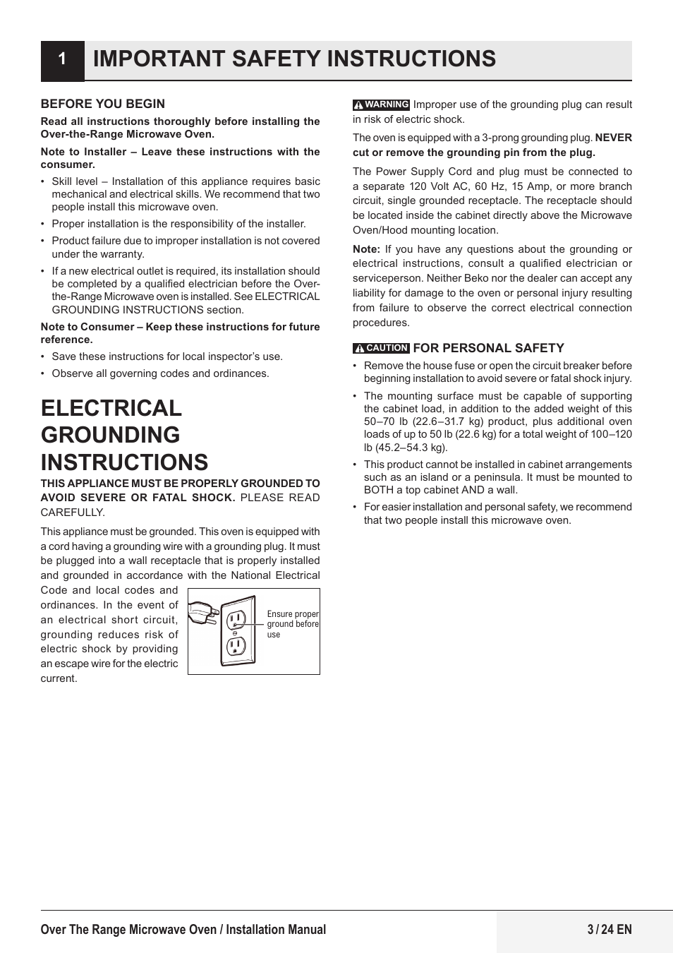 Electrical grounding instructions, Important safety instructions | Beko 24 Inch Built-In Microwave Installation Instructions User Manual | Page 3 / 44