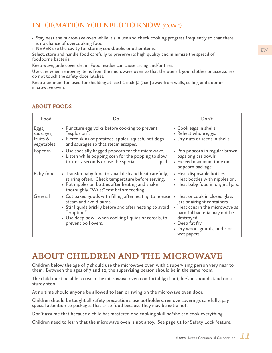 About children and the microwave, Information you need to know | Hestan 24 Inch Countertop Convection Microwave Oven Use and Care Manual User Manual | Page 13 / 84