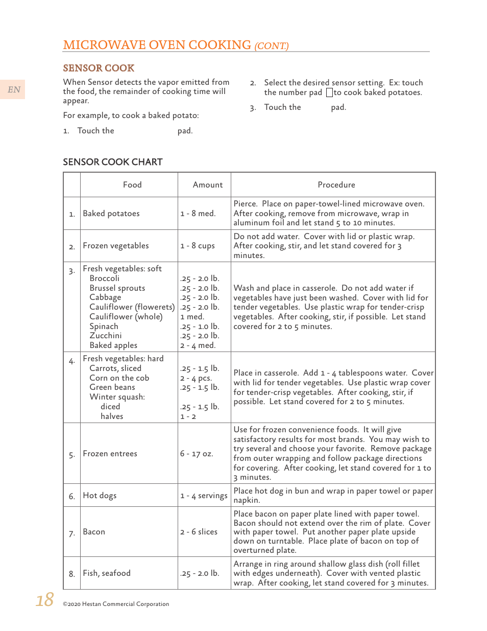 Microwave oven cooking | Hestan 24 Inch Countertop Convection Microwave Oven Use and Care Manual User Manual | Page 20 / 84