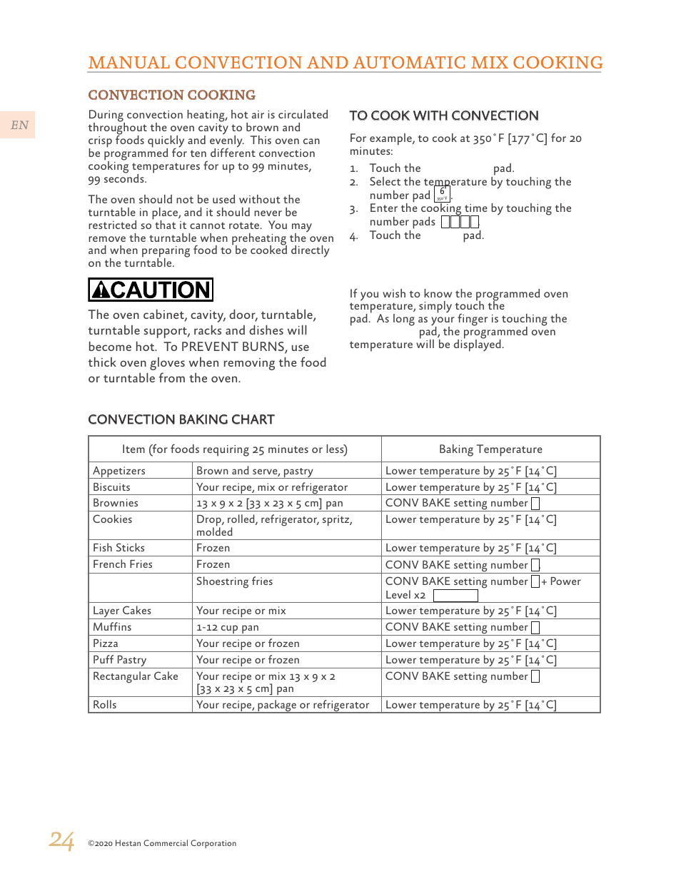 Manual convection and automatic mix cooking, Convection baking | Hestan 24 Inch Countertop Convection Microwave Oven Use and Care Manual User Manual | Page 26 / 84