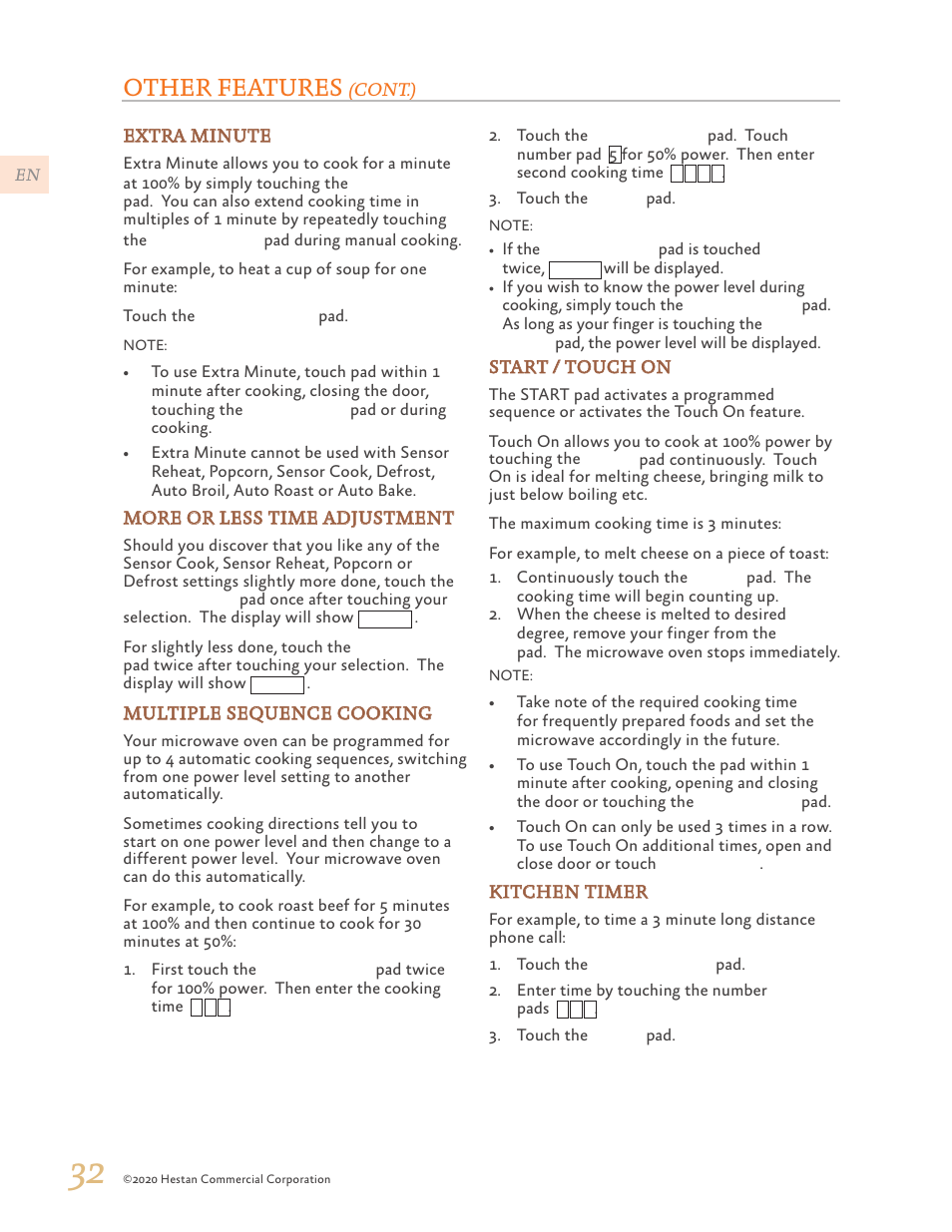 Multiple sequence, More or less time adjustment, More or less | Or less time adjustment. see “more or, More or less time adjustment” on, Other features | Hestan 24 Inch Countertop Convection Microwave Oven Use and Care Manual User Manual | Page 34 / 84