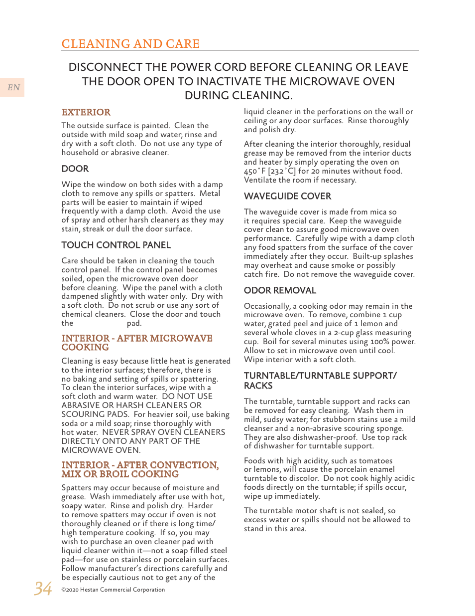 Cleaning and care | Hestan 24 Inch Countertop Convection Microwave Oven Use and Care Manual User Manual | Page 36 / 84