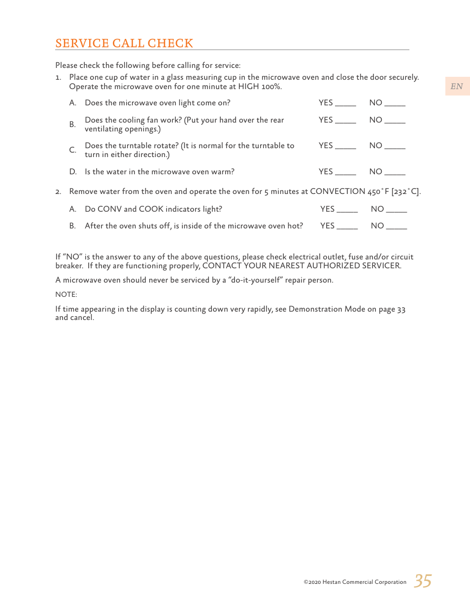 Service call check | Hestan 24 Inch Countertop Convection Microwave Oven Use and Care Manual User Manual | Page 37 / 84