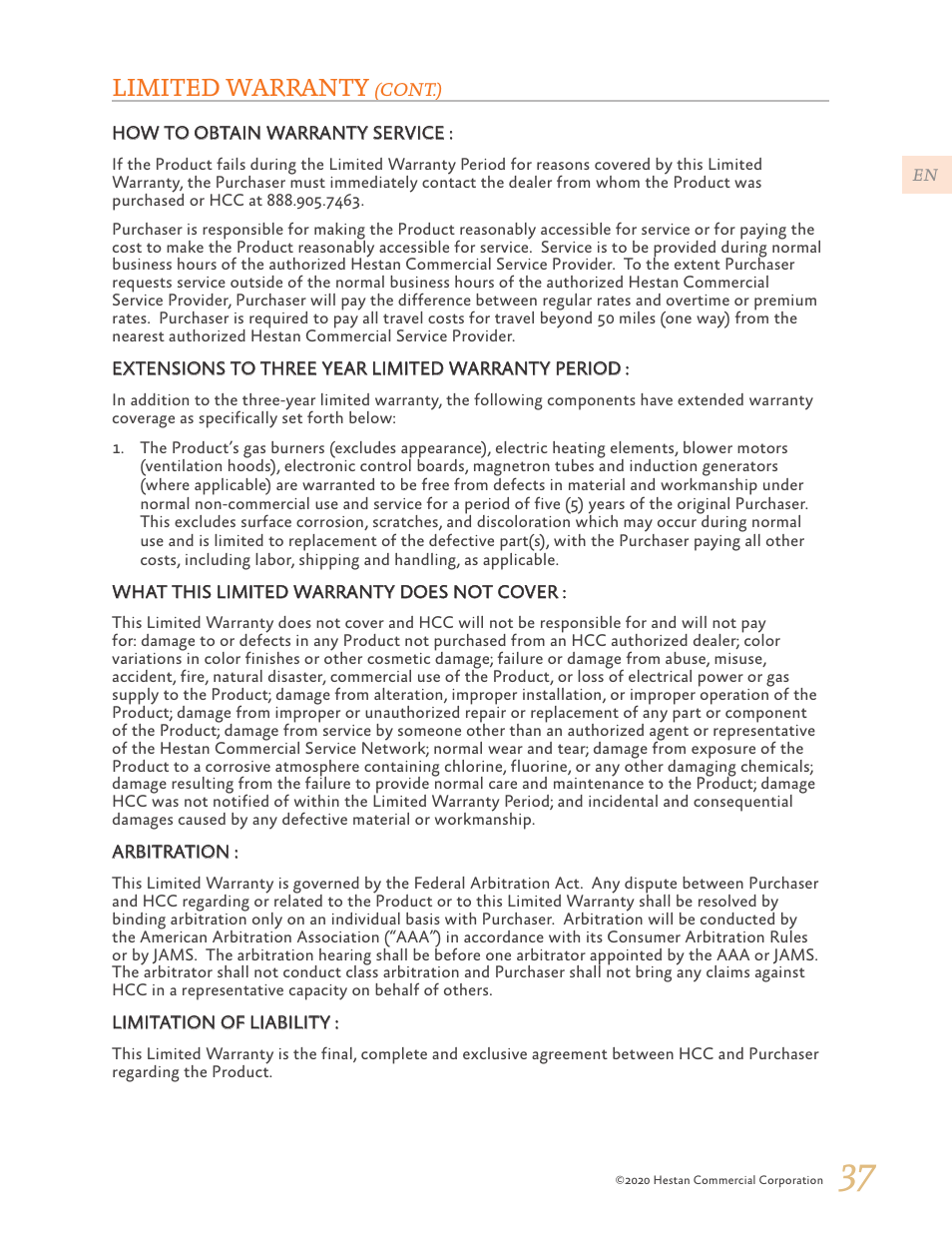 Limited warranty | Hestan 24 Inch Countertop Convection Microwave Oven Use and Care Manual User Manual | Page 39 / 84