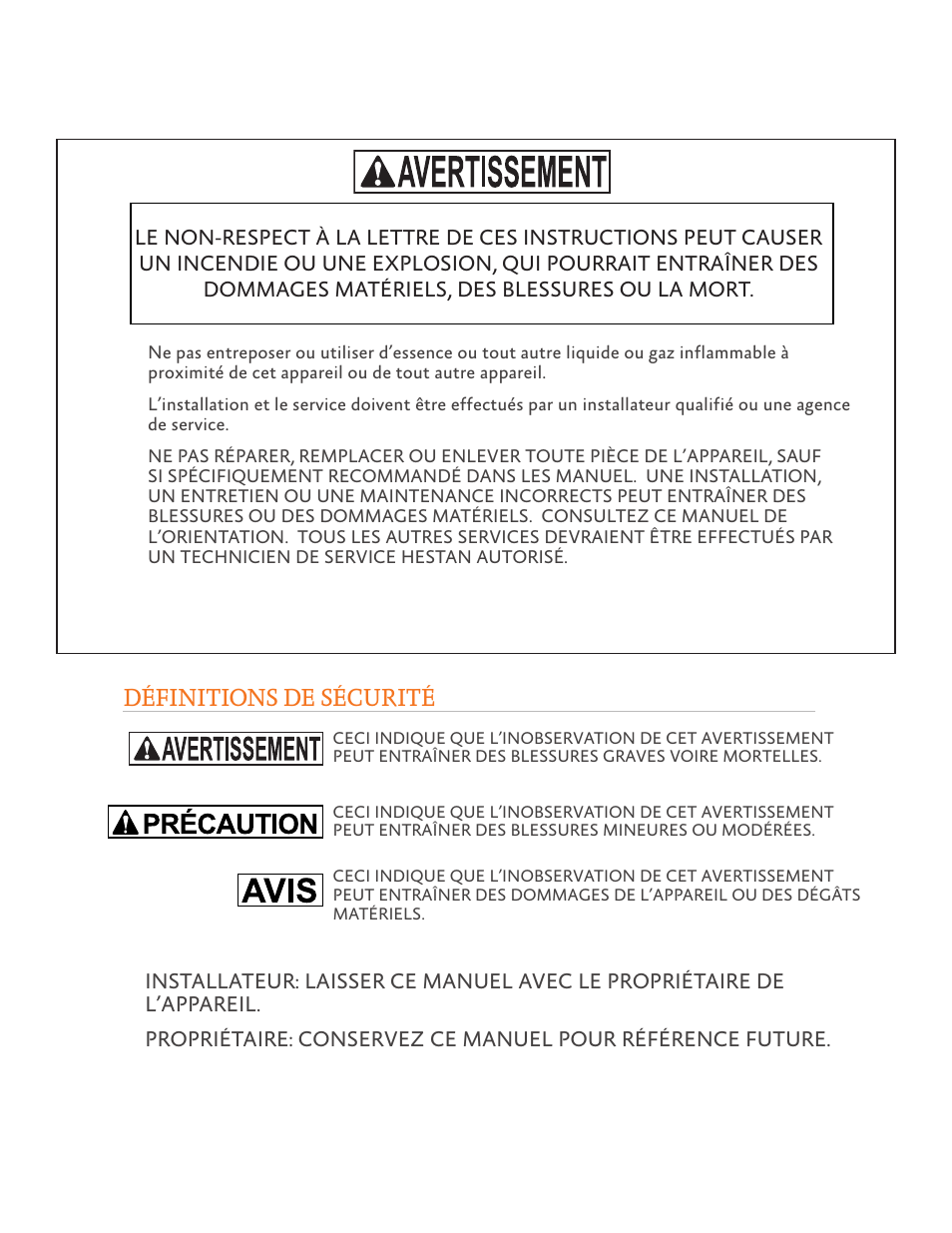 Définitions de sécurité | Hestan 24 Inch Countertop Convection Microwave Oven Use and Care Manual User Manual | Page 42 / 84