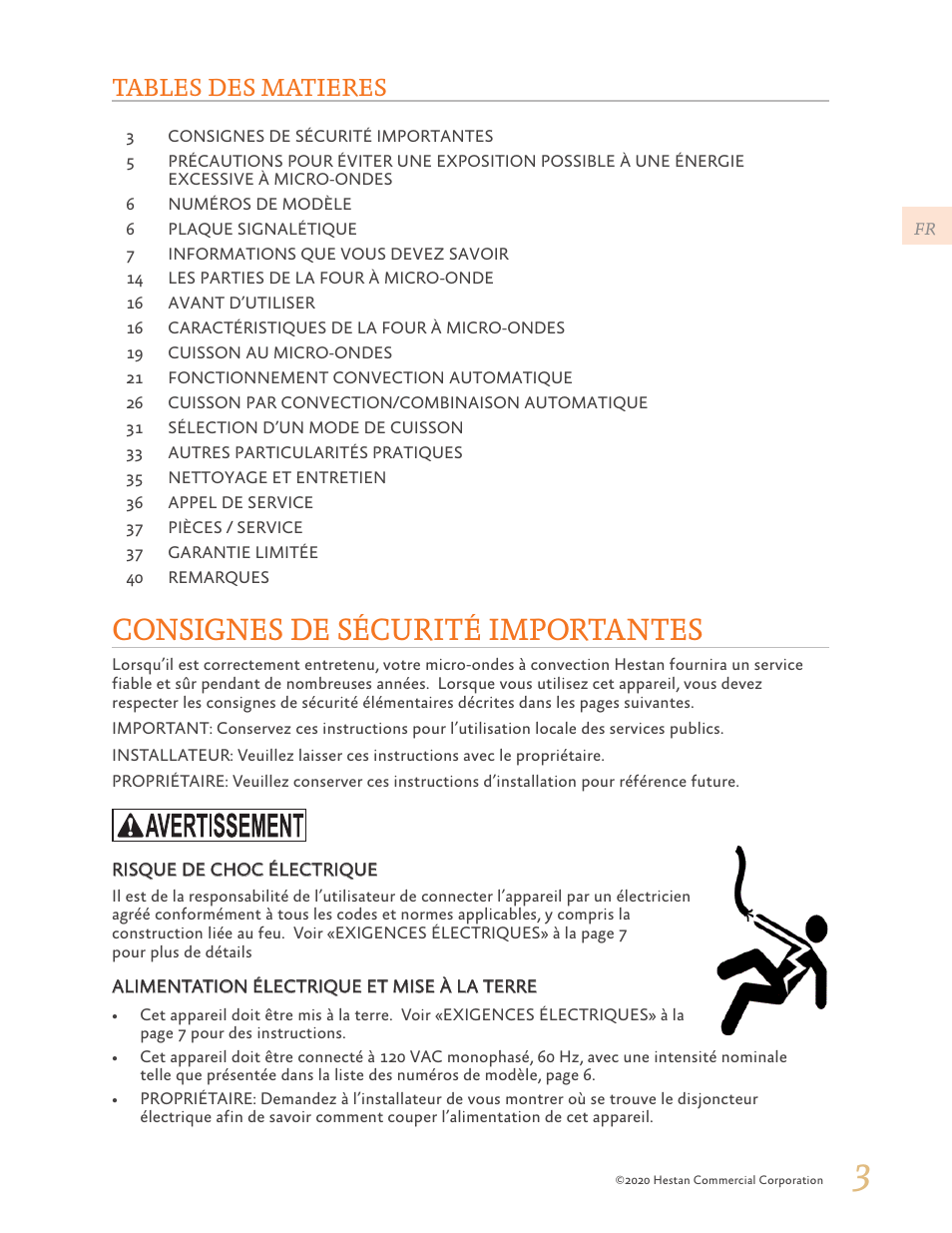 Consignes de sécurité importantes, Tables des matieres | Hestan 24 Inch Countertop Convection Microwave Oven Use and Care Manual User Manual | Page 45 / 84