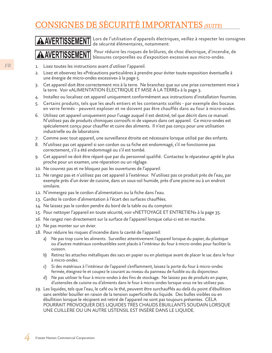 Consignes de sécurité importantes | Hestan 24 Inch Countertop Convection Microwave Oven Use and Care Manual User Manual | Page 46 / 84
