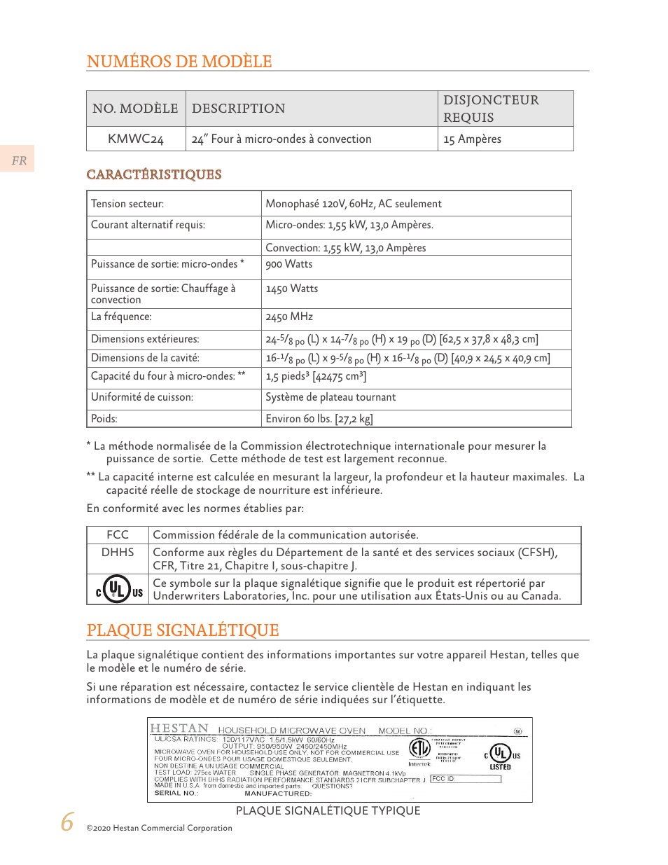 Numéros de modèle, Plaque signalétique | Hestan 24 Inch Countertop Convection Microwave Oven Use and Care Manual User Manual | Page 48 / 84