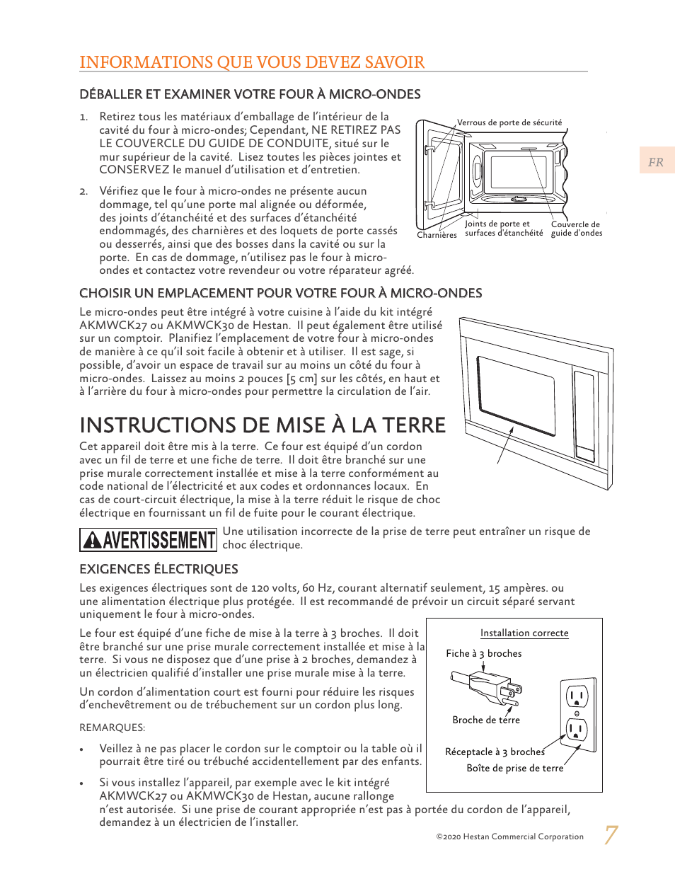 Informations que vous devez savoir, Instructions de mise à la terre | Hestan 24 Inch Countertop Convection Microwave Oven Use and Care Manual User Manual | Page 49 / 84