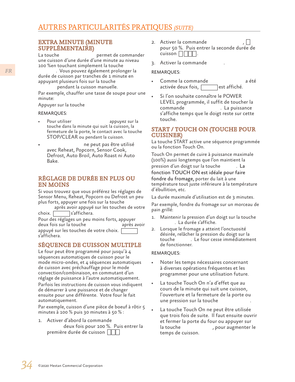 Séquence de cuisson multiple» à la, Oir «réglage de durée en, Oir «réglage de durée en plus | Réglage de durée en plus ou en, Autres particularités pratiques | Hestan 24 Inch Countertop Convection Microwave Oven Use and Care Manual User Manual | Page 76 / 84