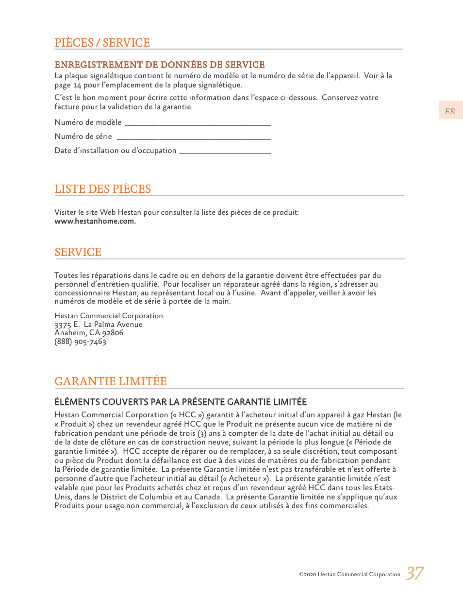 Pièces / service, Garantie limitée, Service | Liste des pièces | Hestan 24 Inch Countertop Convection Microwave Oven Use and Care Manual User Manual | Page 79 / 84