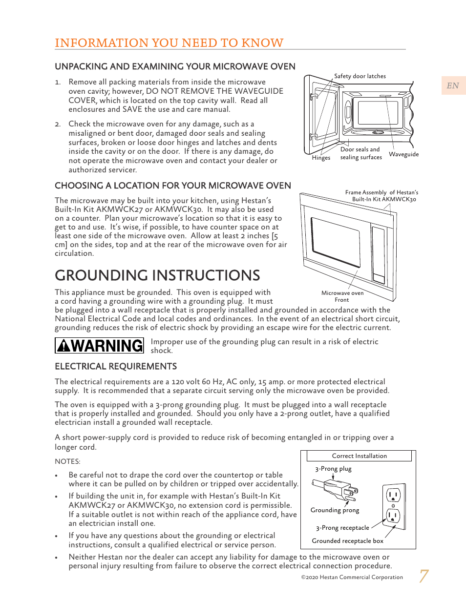 Information you need to know, Electrical, Grounding instructions | Hestan 24 Inch Countertop Convection Microwave Oven Use and Care Manual User Manual | Page 9 / 84