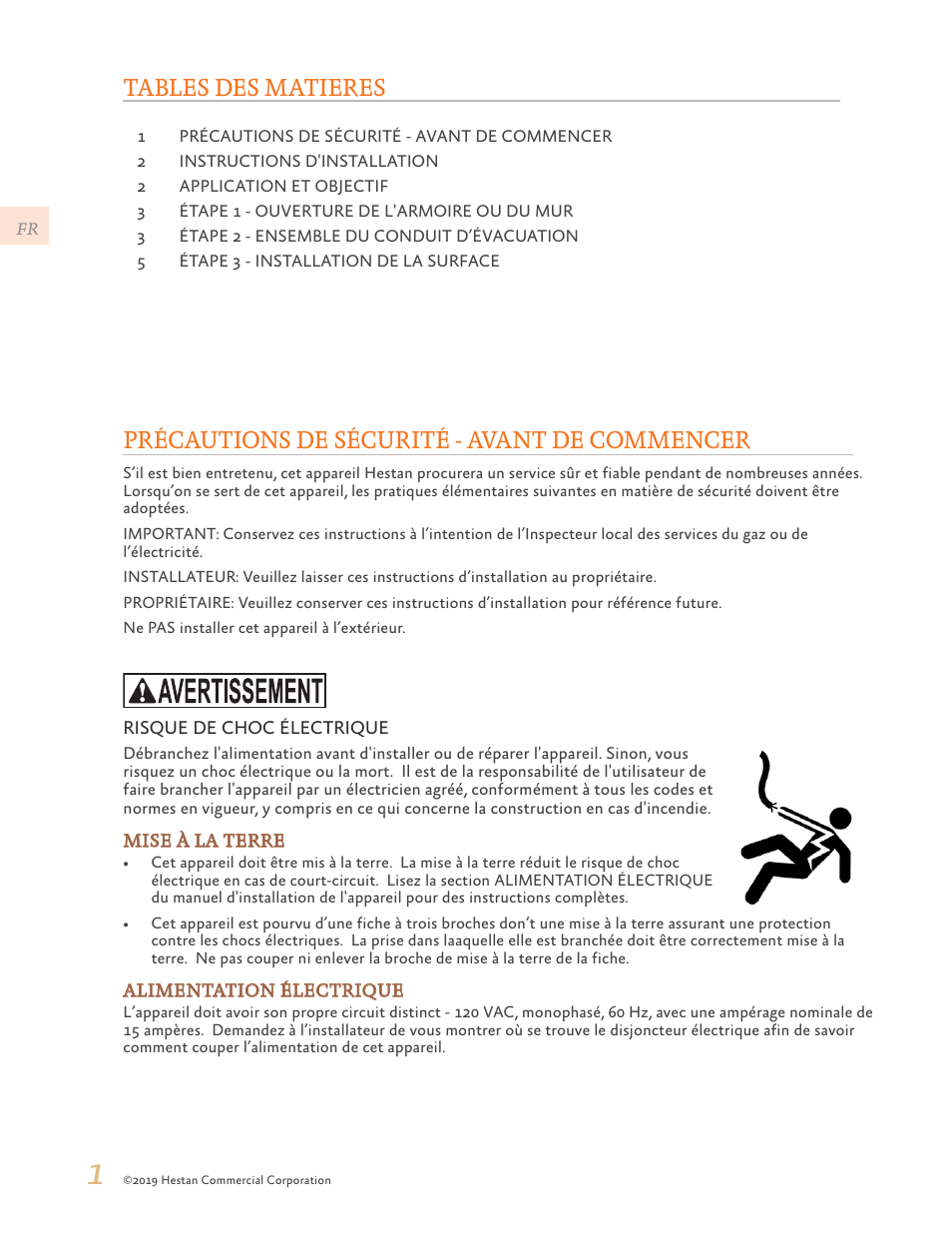 Précautions de sécurité - avant de commencer, Tables des matieres | Hestan 24 Inch Countertop Convection Microwave Oven Installation Manual User Manual | Page 10 / 16