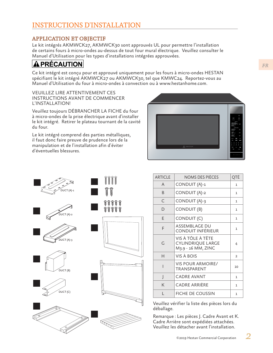 Instructions d'installation, Application et objectif, Article noms des pièces qté a conduit (a)-1 | Bconduit (a)-2, Cconduit (a)-3, Dconduit (b), Econduit (c), Fassemblage du conduit inférieur, Hvis à bois, Ivis pour armoire/ transparent | Hestan 24 Inch Countertop Convection Microwave Oven Installation Manual User Manual | Page 11 / 16