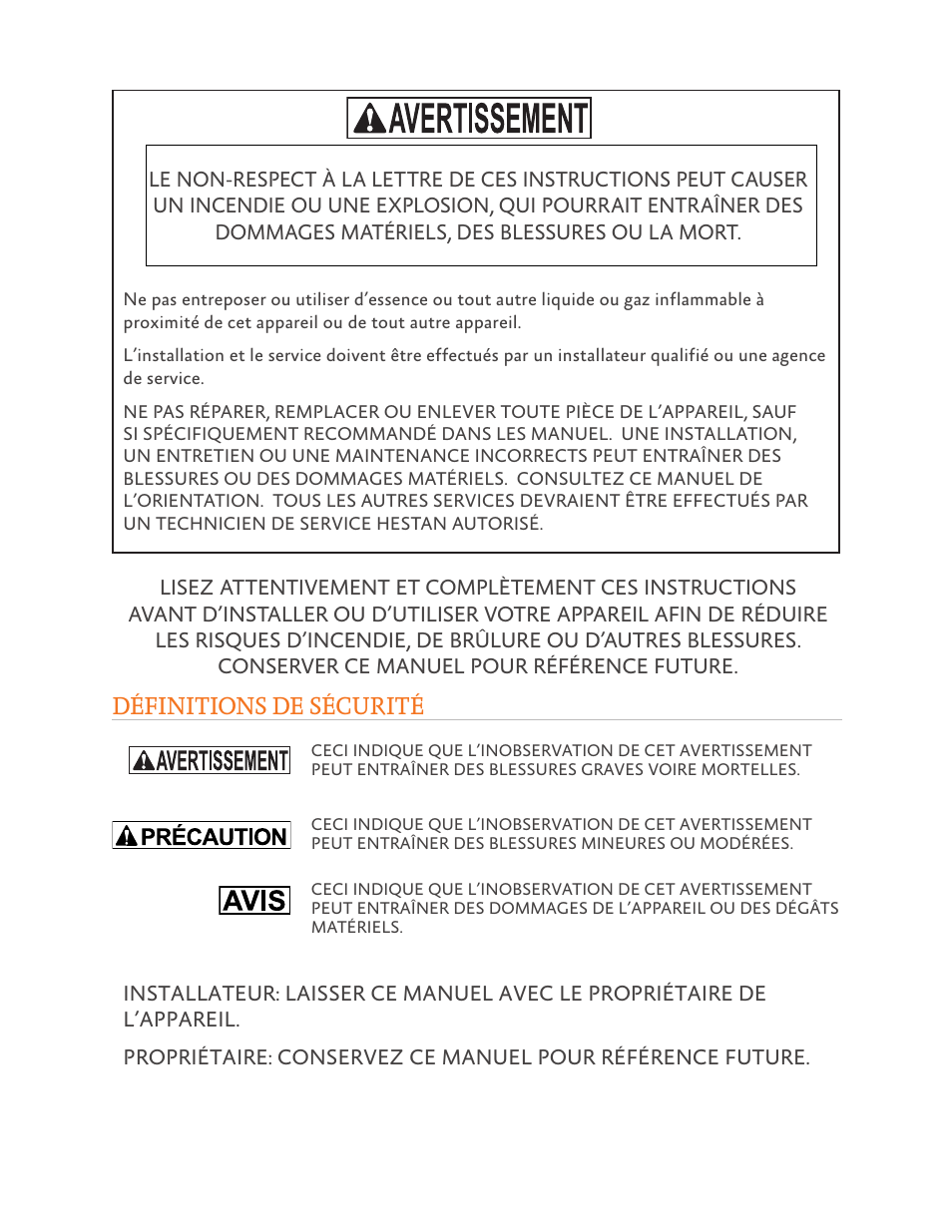 Définitions de sécurité | Hestan 24 Inch Countertop Convection Microwave Oven Installation Manual User Manual | Page 9 / 16