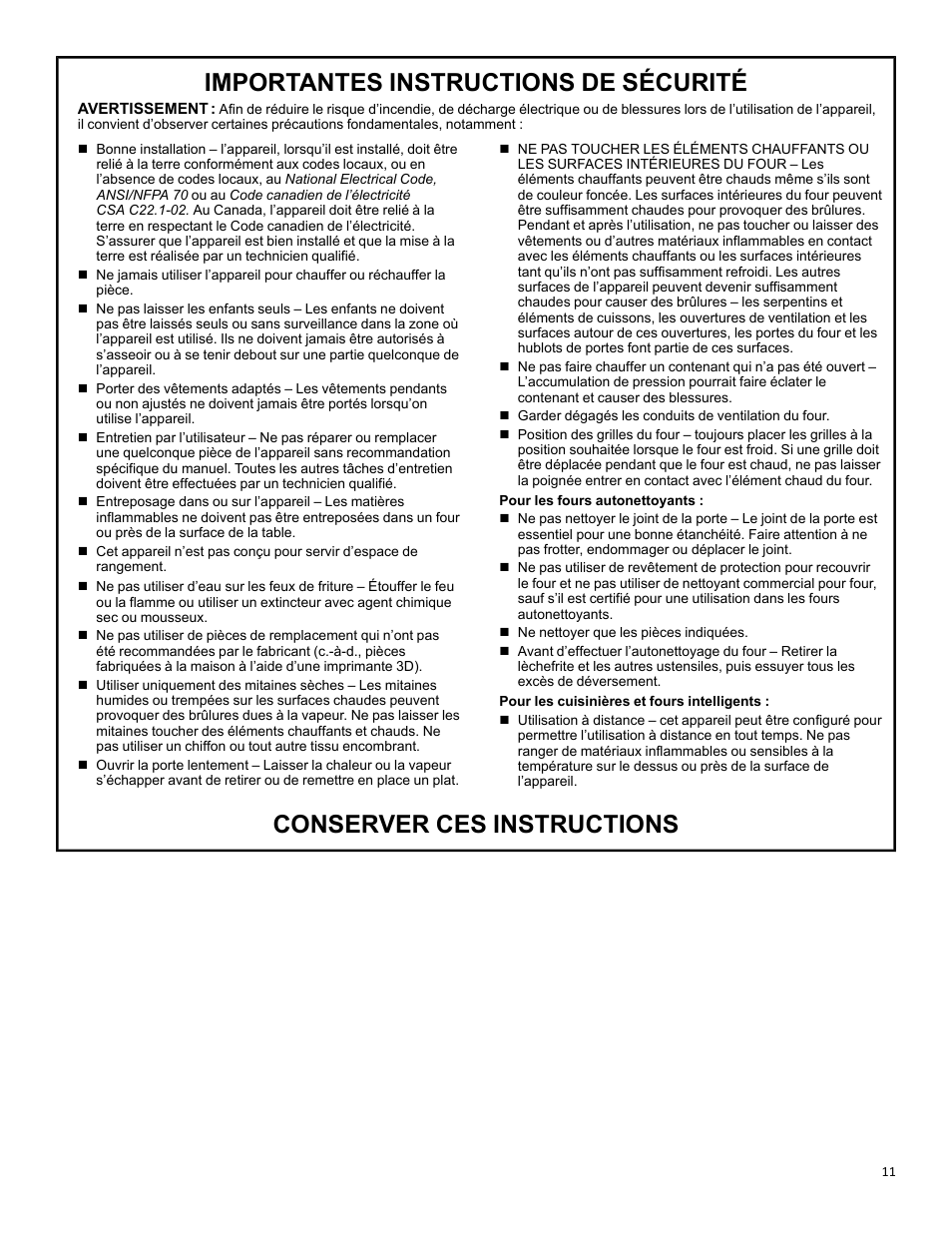 Importantes instructions de sécurité, Conserver ces instructions | KITCHENAID 27 Inch Built-in Microwave Oven Owners Guide User Manual | Page 11 / 24