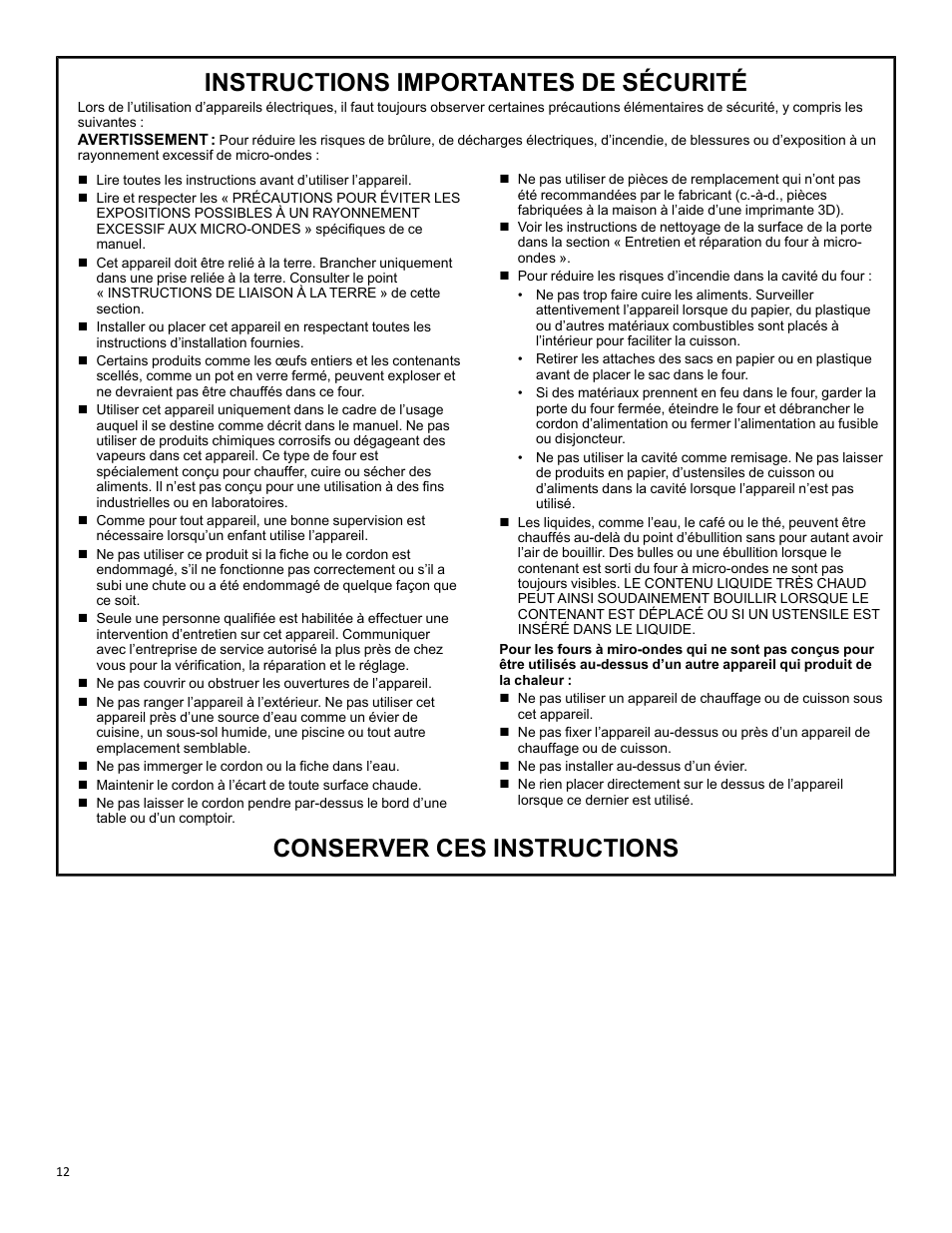 Instructions importantes de sécurité, Conserver ces instructions | KITCHENAID 27 Inch Built-in Microwave Oven Owners Guide User Manual | Page 12 / 24