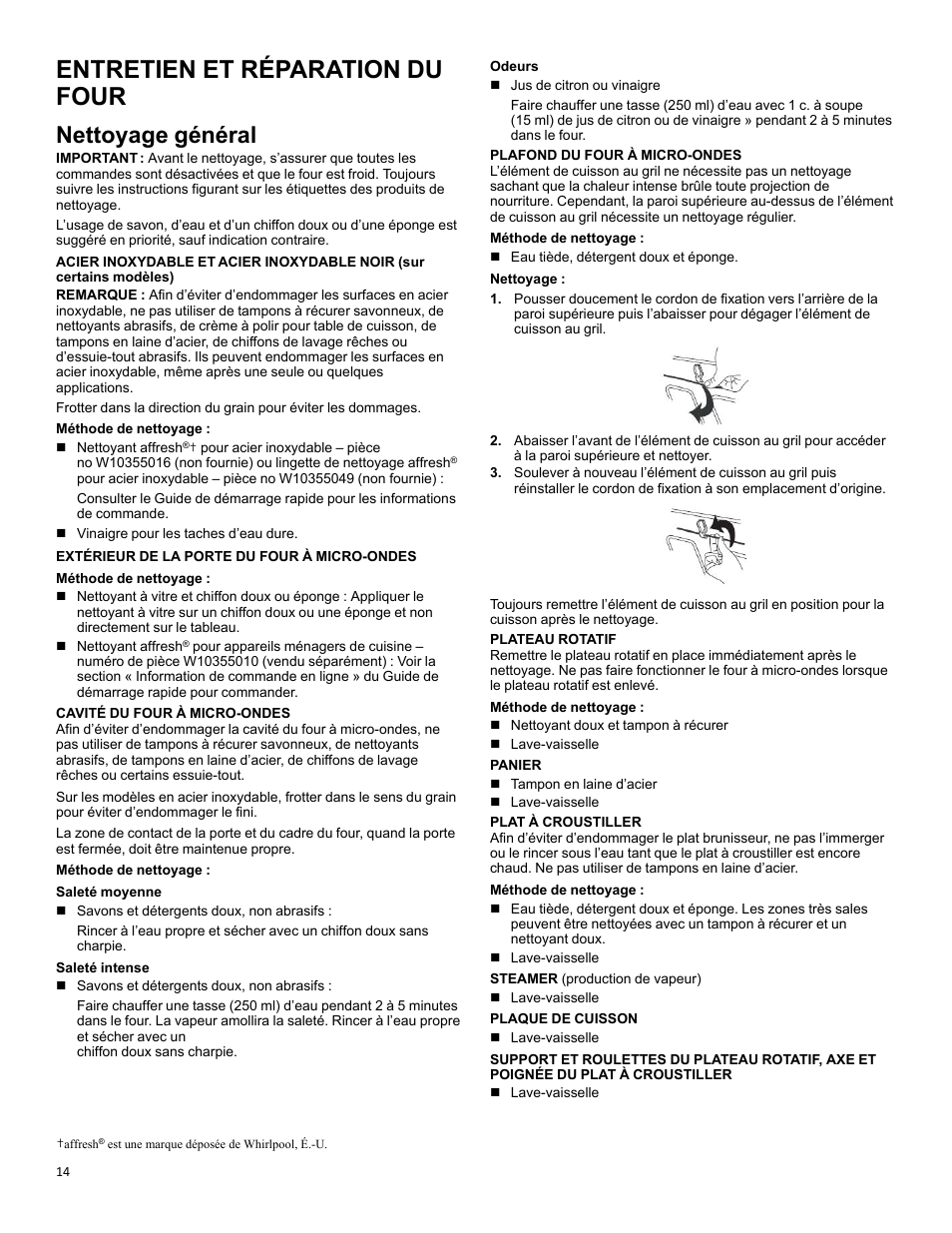 Entretien et réparation du four, Nettoyage général_w11382174, Nettoyage | Général, Nettoyage général | KITCHENAID 27 Inch Built-in Microwave Oven Owners Guide User Manual | Page 14 / 24