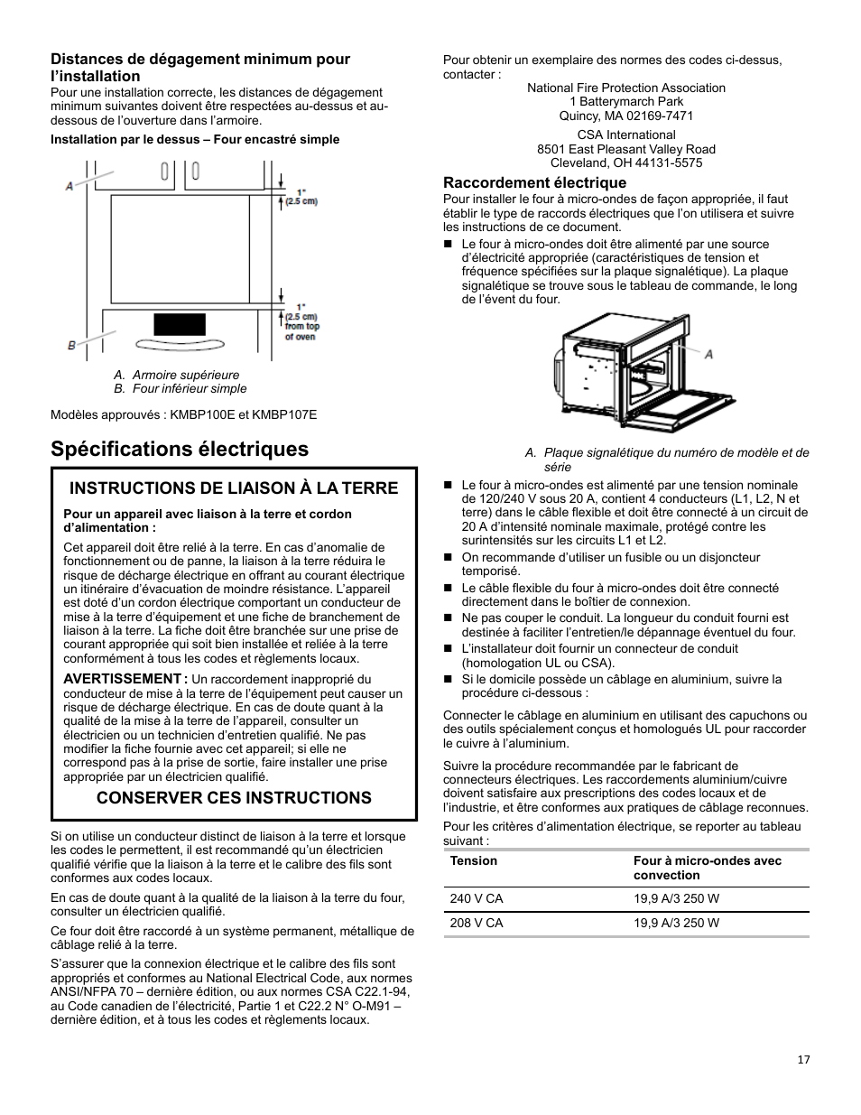 Spécifications électriques, Instructions de liaison à la terre, Conserver ces instructions | KITCHENAID 27 Inch Built-in Microwave Oven Owners Guide User Manual | Page 17 / 24