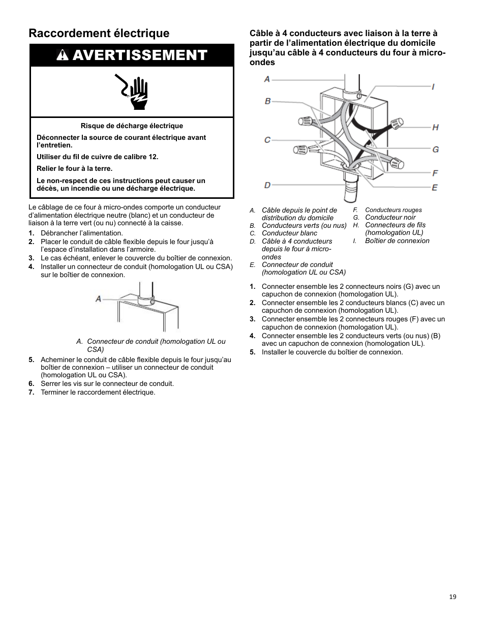 Raccordement électrique, Avertissement | KITCHENAID 27 Inch Built-in Microwave Oven Owners Guide User Manual | Page 19 / 24