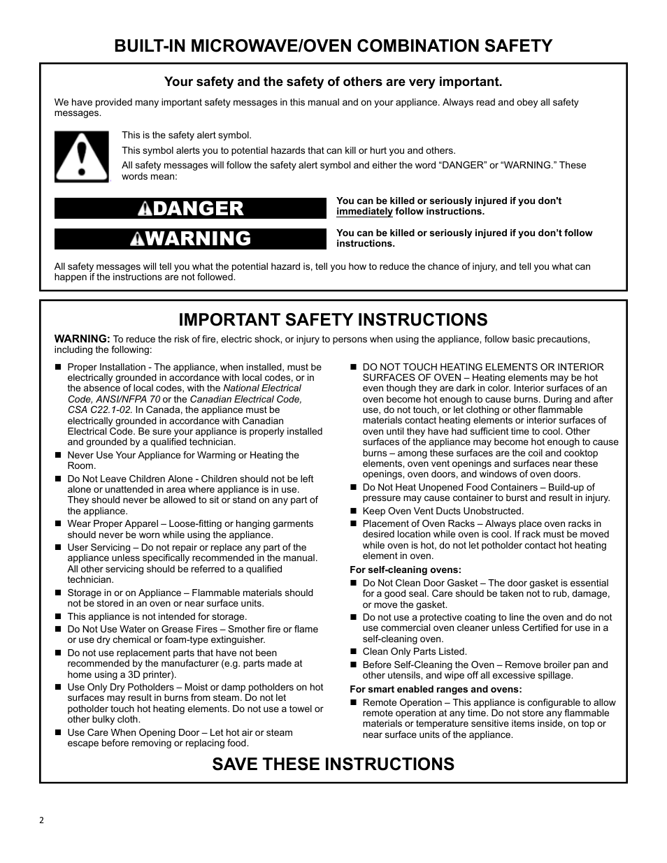 Built-in microwave/oven combo safety, Built-in microwave/oven combination safety, Danger | Warning, Important safety instructions, Save these instructions | KITCHENAID 27 Inch Built-in Microwave Oven Owners Guide User Manual | Page 2 / 24