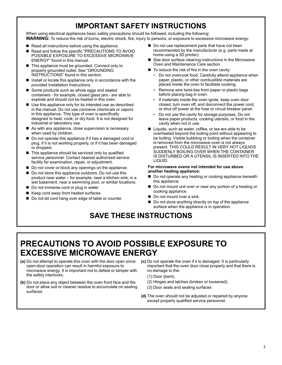 Important safety instructions, Save these instructions | KITCHENAID 27 Inch Built-in Microwave Oven Owners Guide User Manual | Page 3 / 24