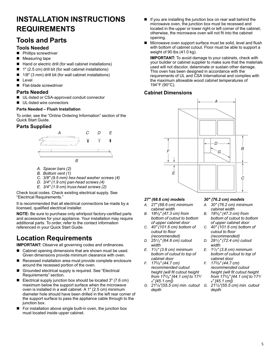 Installation instructions, Requirements, Tools and parts | Location requirements, Tools and parts location requirements, Installation instructions requirements, Tools needed, Parts needed, Parts supplied, Cabinet dimensions | KITCHENAID 27 Inch Built-in Microwave Oven Owners Guide User Manual | Page 5 / 24