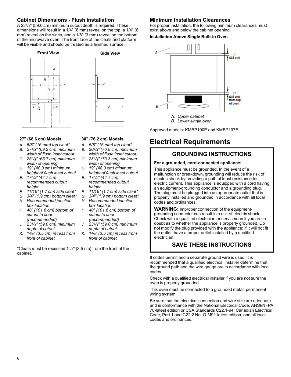 Electrical requirements, Grounding instructions, Save these instructions | Cabinet dimensions - flush installation, Minimum installation clearances | KITCHENAID 27 Inch Built-in Microwave Oven Owners Guide User Manual | Page 6 / 24