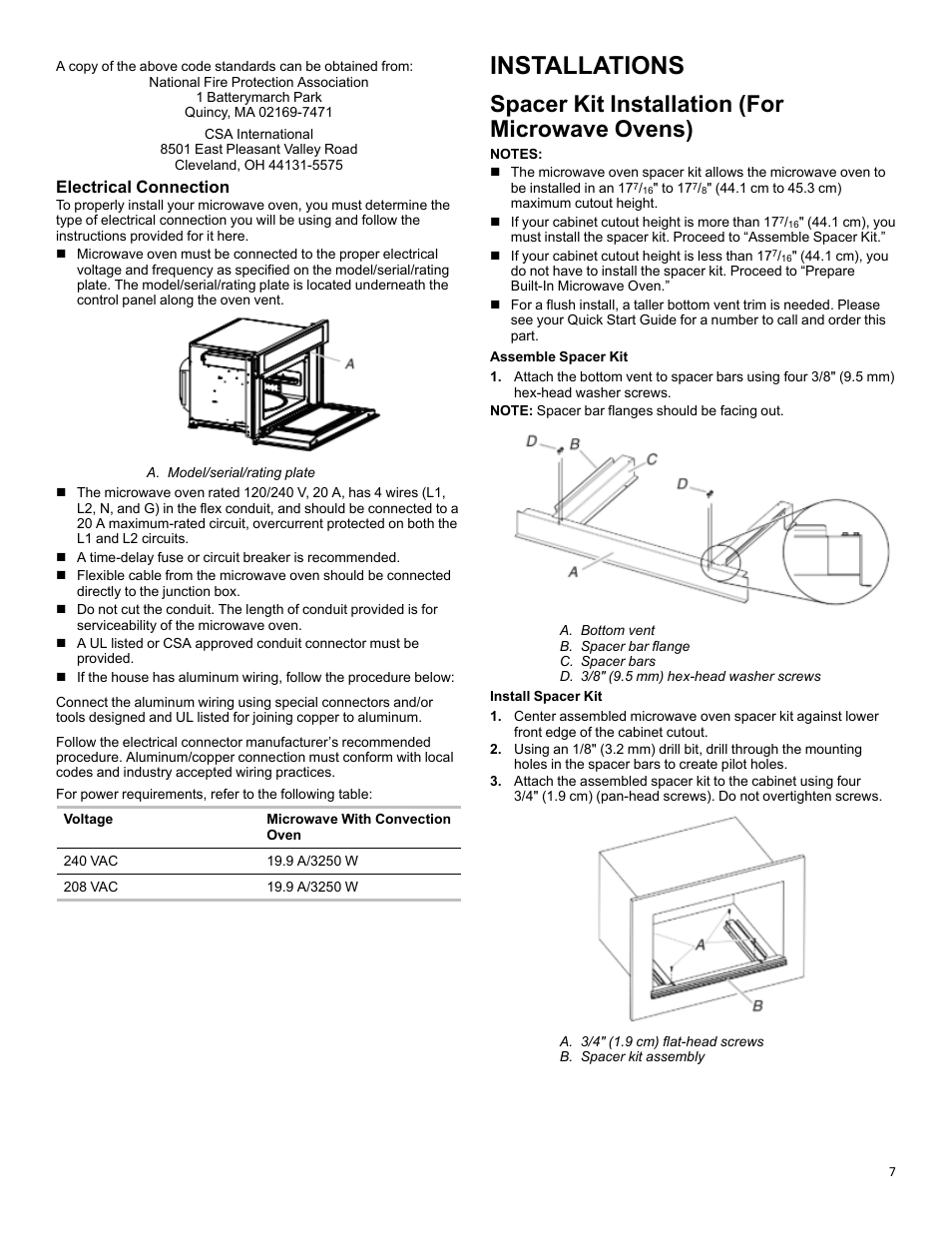 Installations, Spacer kit installation (for microwave ovens), Electrical connection | KITCHENAID 27 Inch Built-in Microwave Oven Owners Guide User Manual | Page 7 / 24