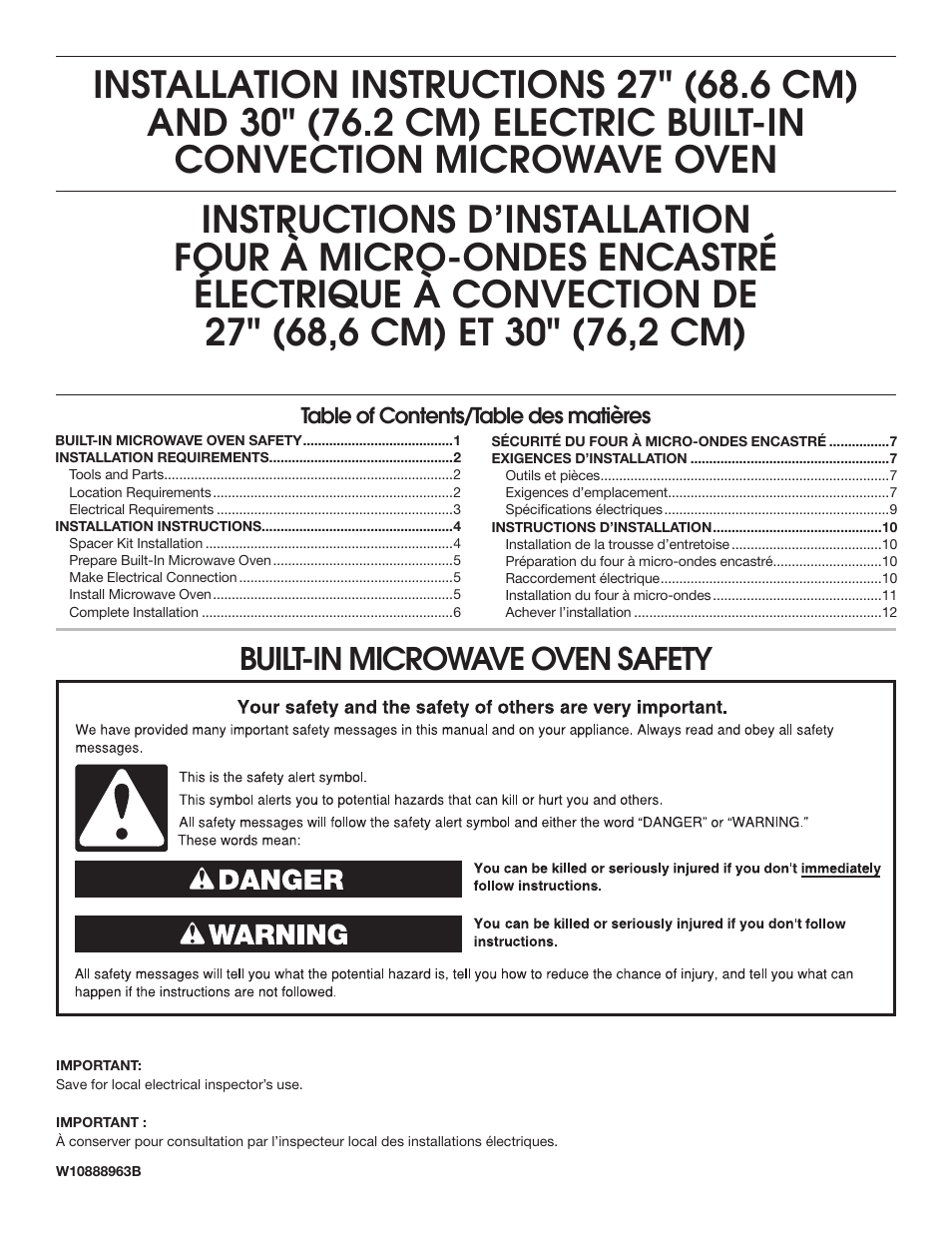 KITCHENAID 27 Inch Built-in Microwave Oven Installation Instructions User Manual | 12 pages