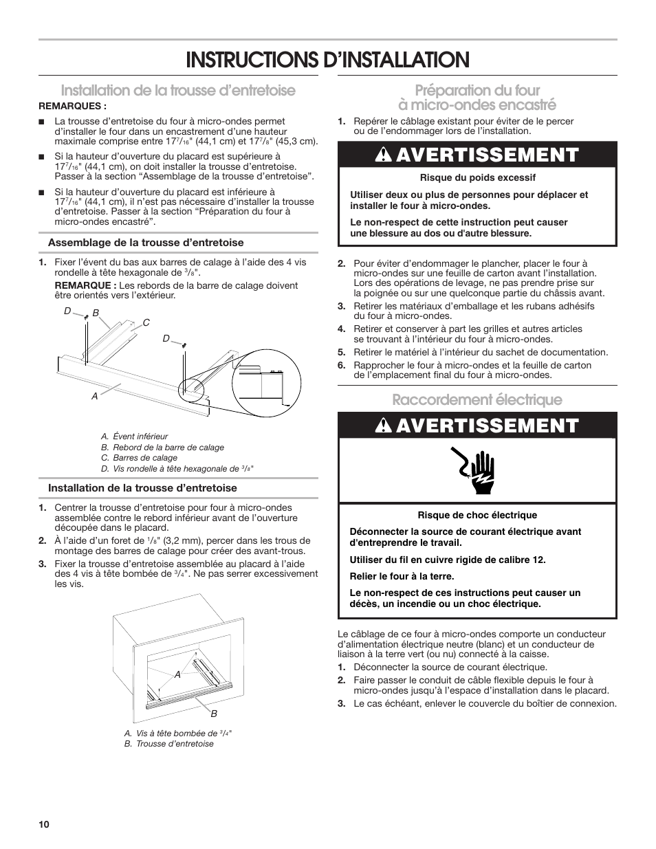 Instructions d’installation, Avertissement, Installation de la trousse d’entretoise | Préparation du four à micro-ondes encastré, Raccordement électrique | KITCHENAID 27 Inch Built-in Microwave Oven Installation Instructions User Manual | Page 10 / 12