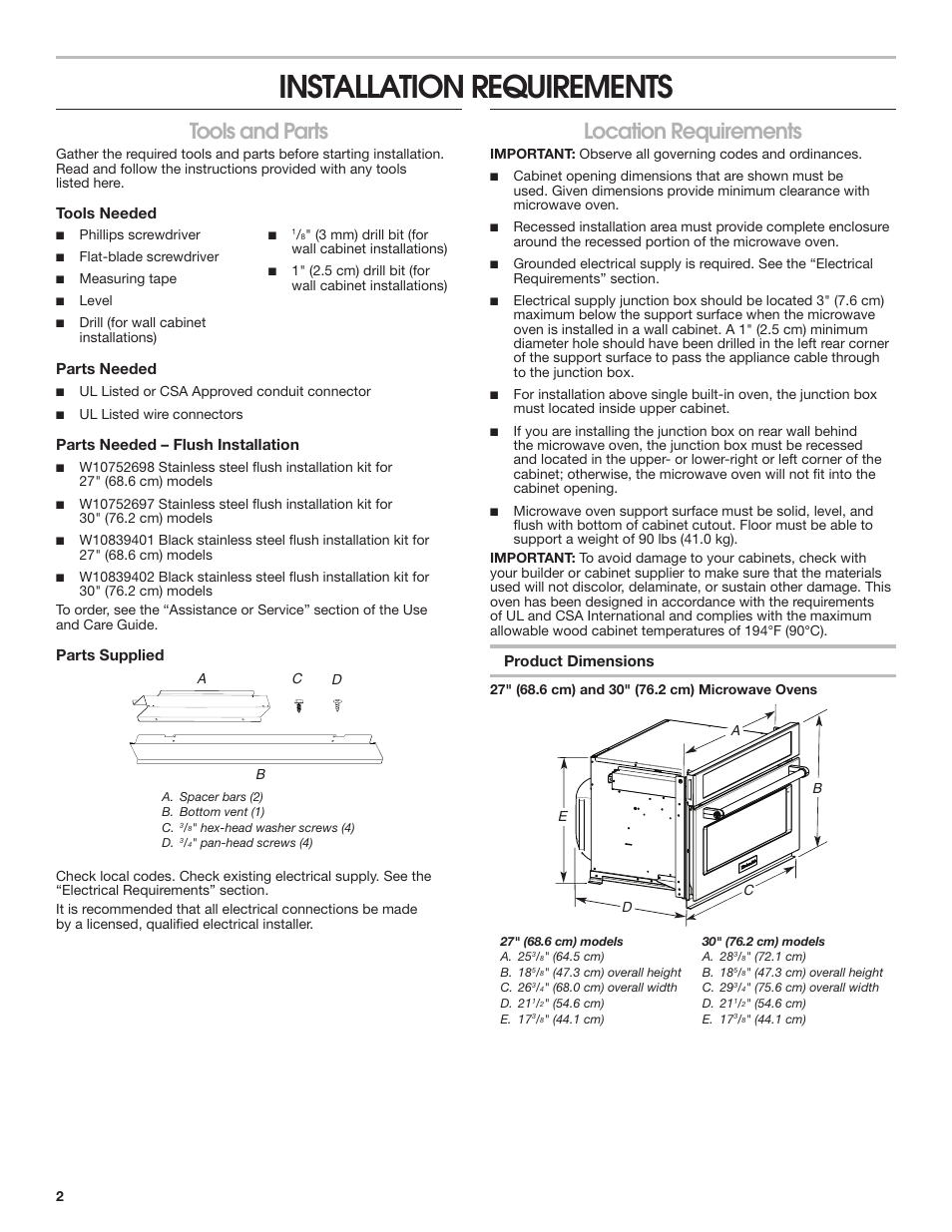 Installation requirements, Tools and parts, Location requirements | KITCHENAID 27 Inch Built-in Microwave Oven Installation Instructions User Manual | Page 2 / 12