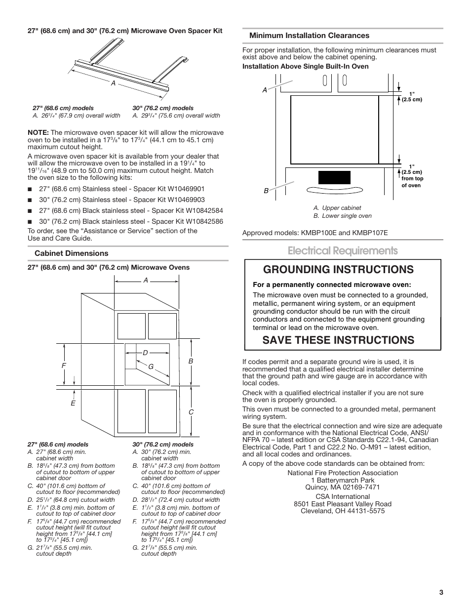 Electrical requirements, Grounding instructions save these instructions | KITCHENAID 27 Inch Built-in Microwave Oven Installation Instructions User Manual | Page 3 / 12