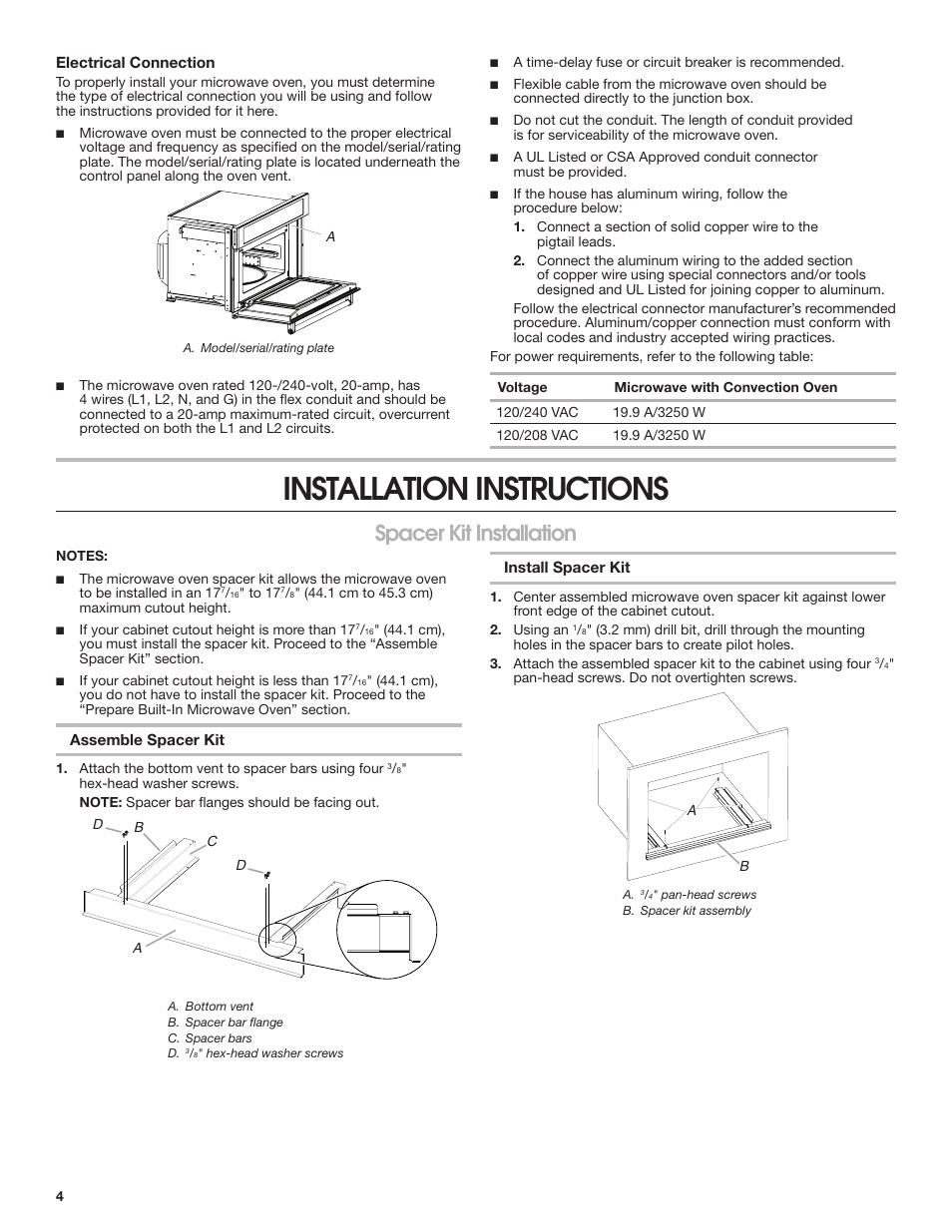 Installation instructions, Spacer kit installation | KITCHENAID 27 Inch Built-in Microwave Oven Installation Instructions User Manual | Page 4 / 12