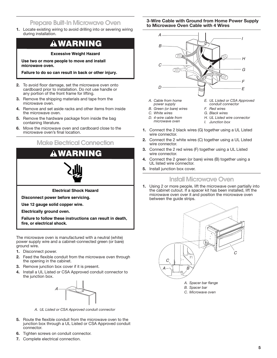 Warning, Prepare built-in microwave oven, Make electrical connection | Install microwave oven | KITCHENAID 27 Inch Built-in Microwave Oven Installation Instructions User Manual | Page 5 / 12