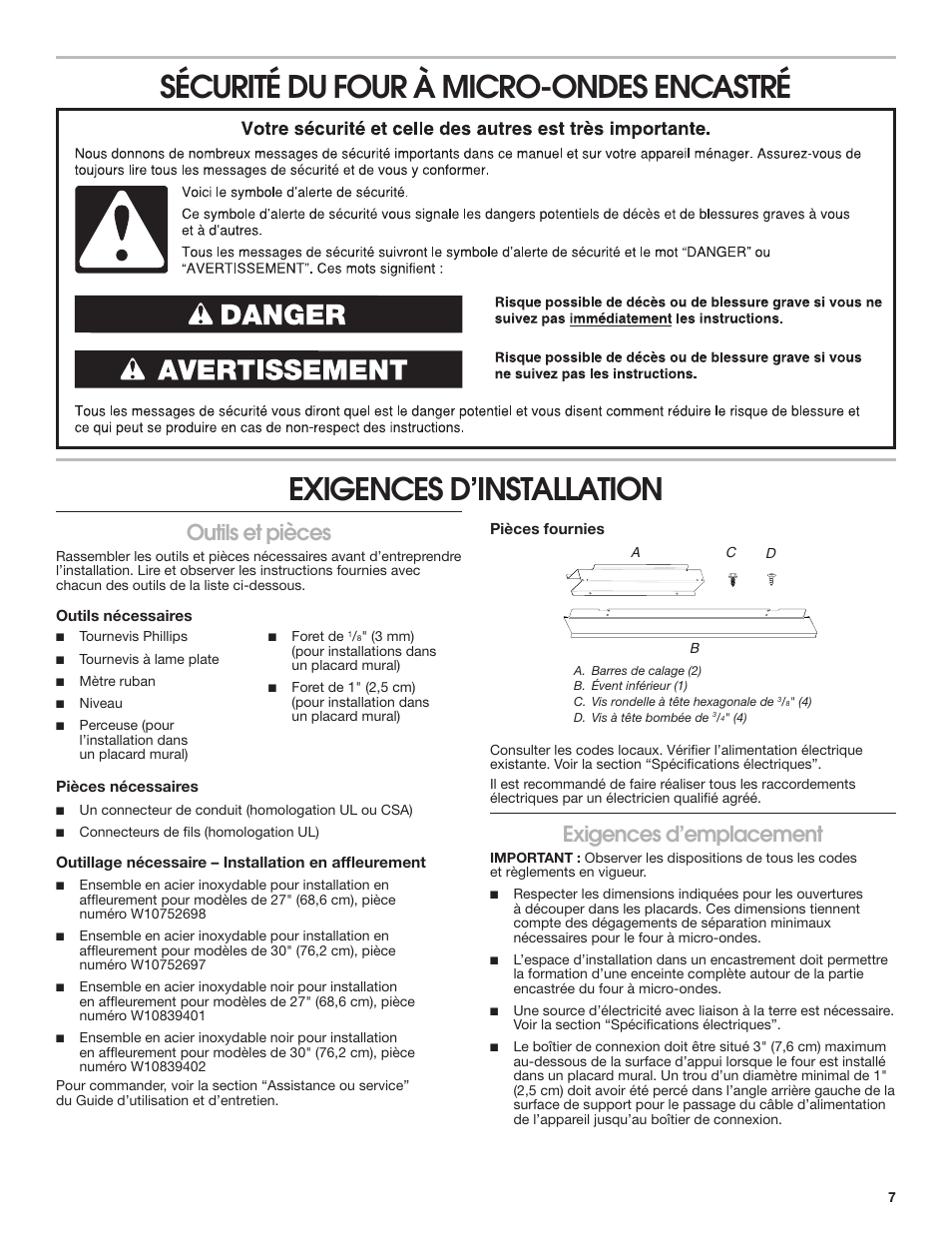 Outils et pièces, Exigences d’emplacement | KITCHENAID 27 Inch Built-in Microwave Oven Installation Instructions User Manual | Page 7 / 12
