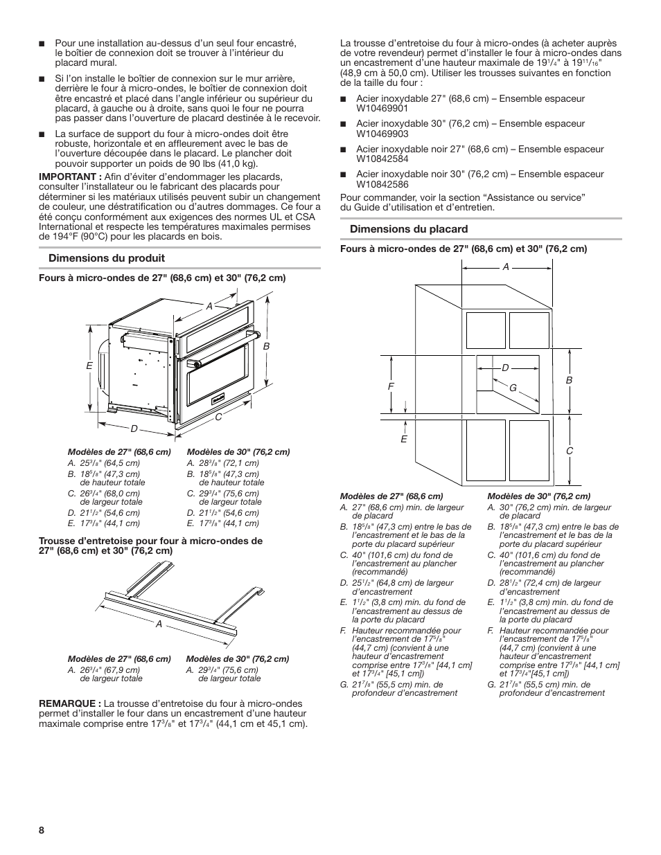 Dimensions du produit, Dimensions du placard | KITCHENAID 27 Inch Built-in Microwave Oven Installation Instructions User Manual | Page 8 / 12