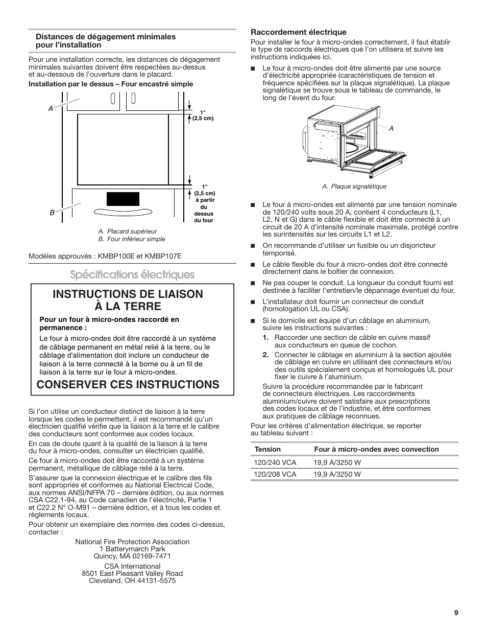 Spécifications électriques | KITCHENAID 27 Inch Built-in Microwave Oven Installation Instructions User Manual | Page 9 / 12