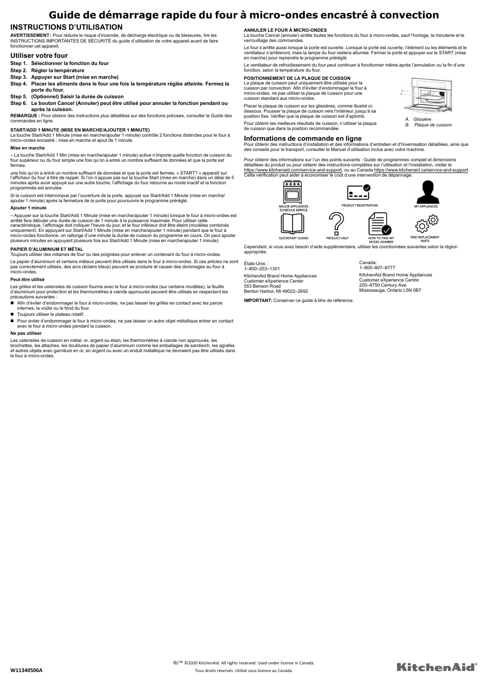 Operating instructions_w11340506_fr, Instructions d’utilisation, Utiliser votre four | Informations de commande en ligne | KITCHENAID 27 Inch Built-in Microwave Oven Built-In Convection Microwave Oven Quick Start Guide User Manual | Page 2 / 2
