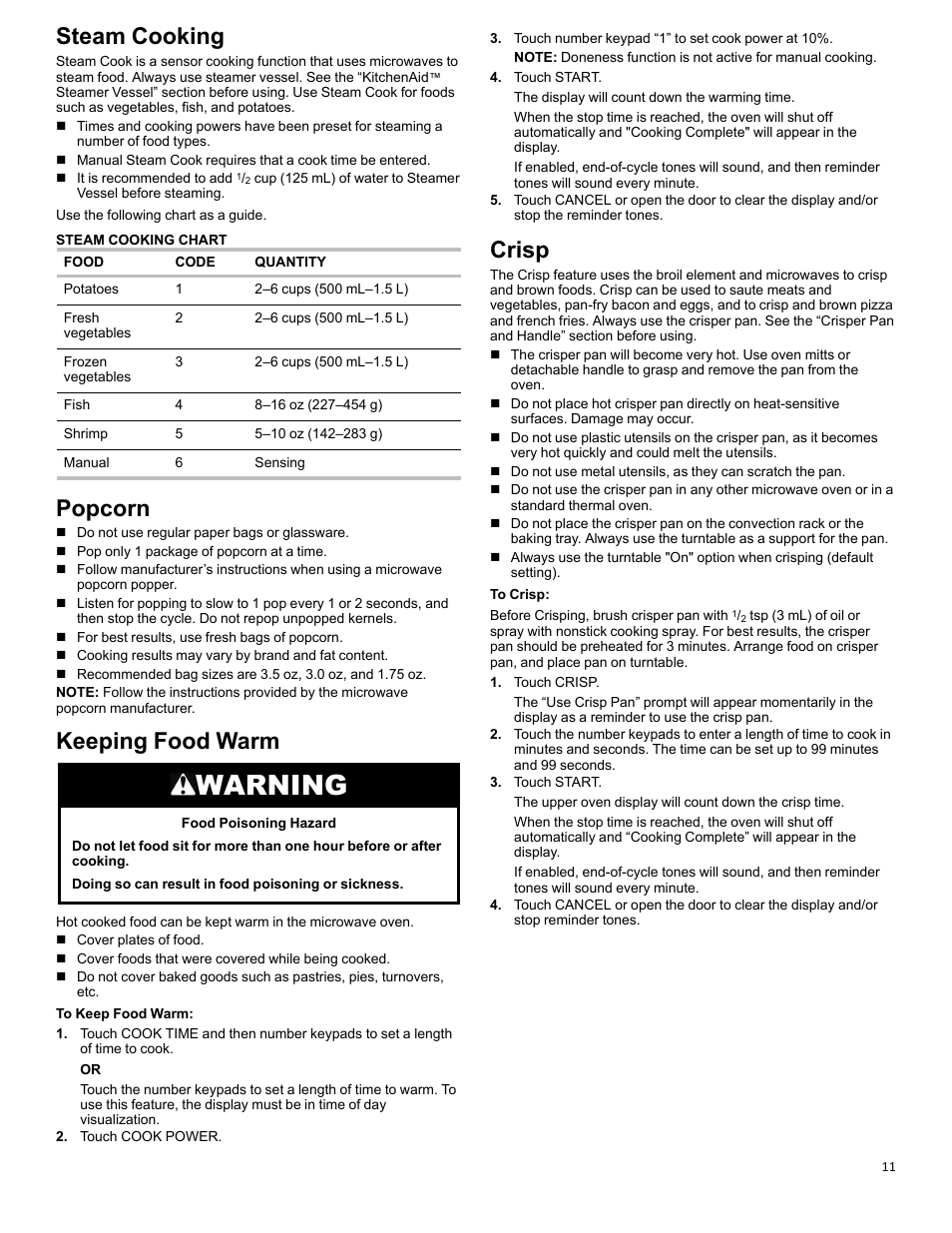 Steam cooking_w10643473, Popcorn_w10643473, Keep food warm_w10643473 | Crisp_w10643473, Warning, Steam cooking, Popcorn, Keeping food warm, Crisp | KITCHENAID 27 Inch Built-in Microwave Oven Built-In Convection Microwave Oven Control Guide User Manual | Page 11 / 30
